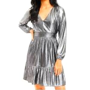 Loft Shimmer Silver Black Ruffle V-Neck Dress Size 14